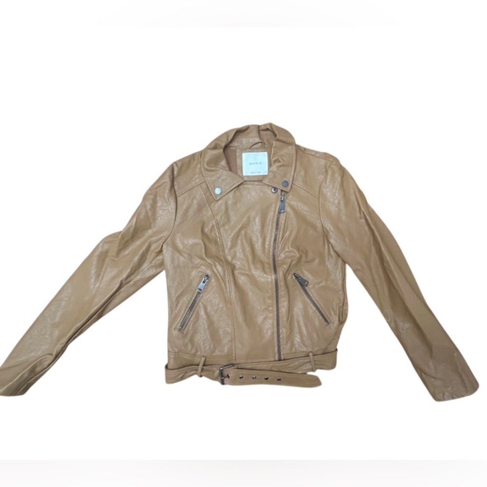 ELODIE Womens Tan Faux Leather Belted Motorcycle Jacket Biker Coat Vegan Sz Med